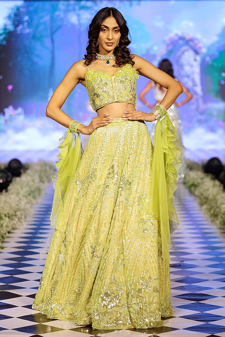 Lime Green Tulle Sequins Embroidered Bridal Lehenga Set by Neeta Lulla at Pernia's Pop Up Shop
