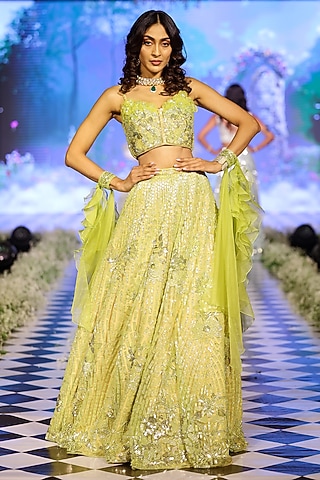 Lime Green Tulle Sequins Embroidered Lehenga Set by Neeta Lulla