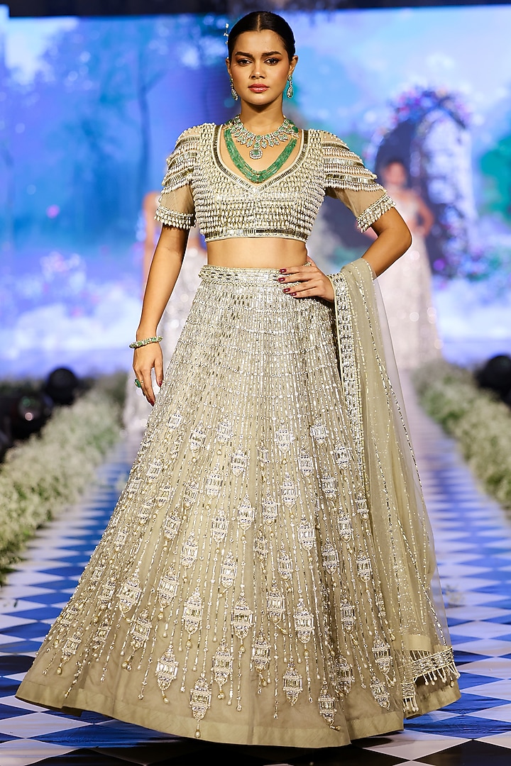 Sage Green Tulle Sequins & Pearl Embroidered Bridal Lehenga Set by Neeta Lulla at Pernia's Pop Up Shop