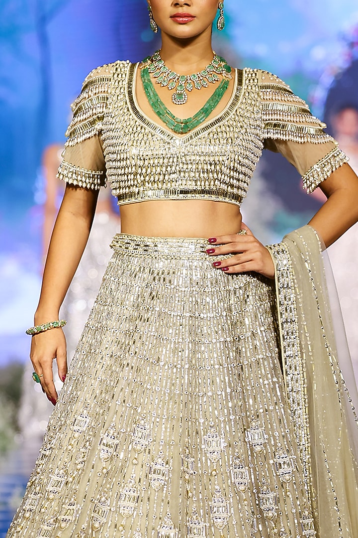 Sage Green Tulle Sequins & Pearl Embroidered Bridal Lehenga Set by Neeta Lulla at Pernia's Pop Up Shop
