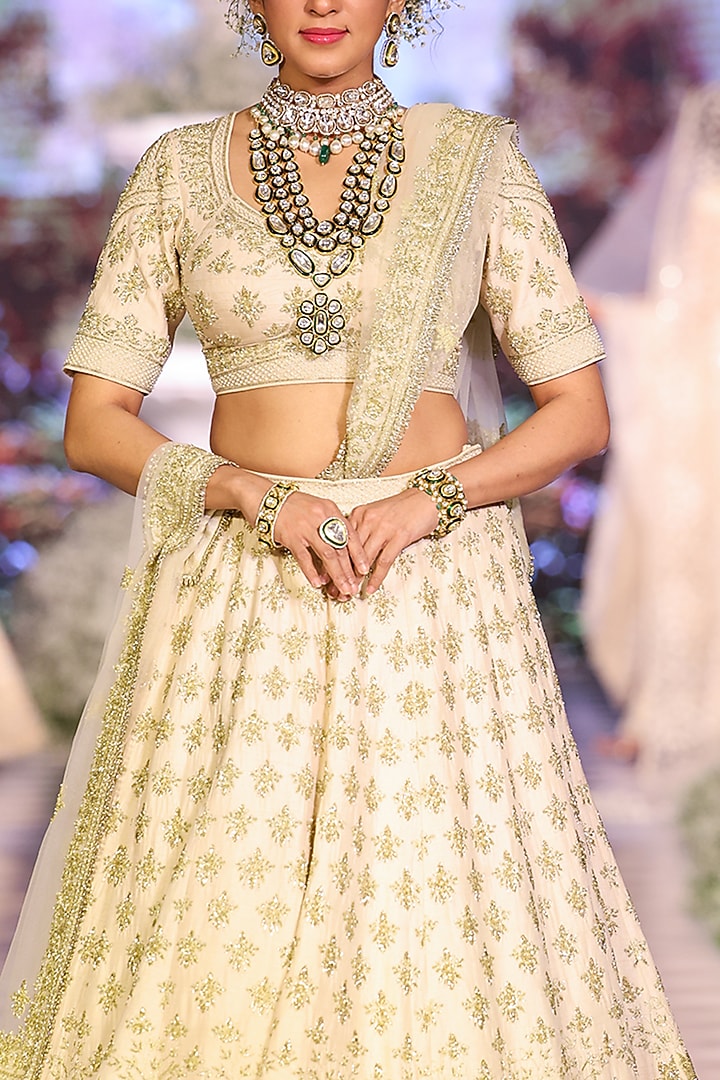 Ecru Beige Raw Silk Zari & Pearl Embroidered Bridal Lehenga Set by Neeta Lulla at Pernia's Pop Up Shop