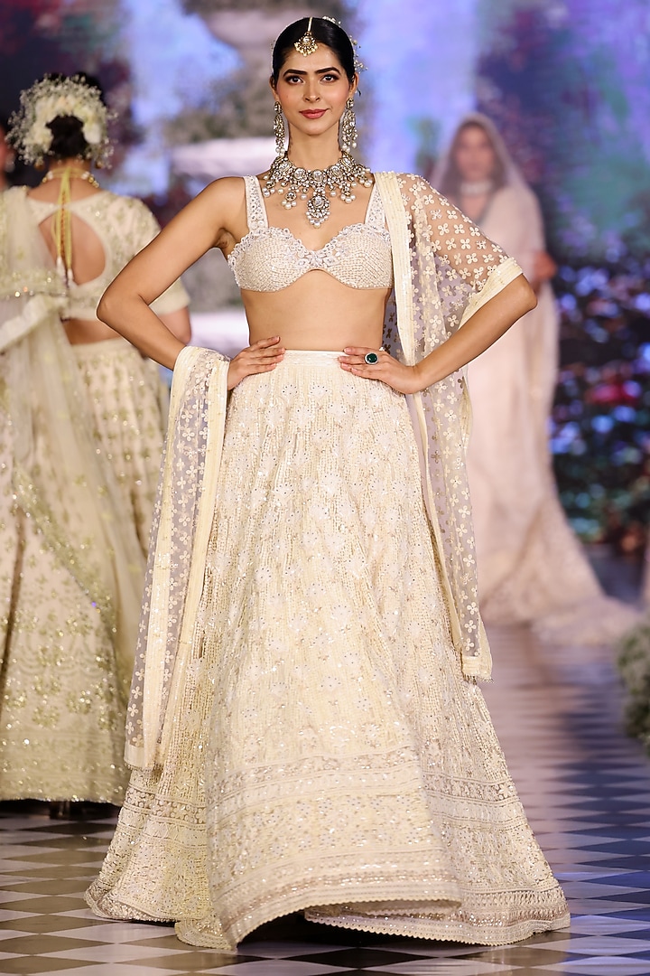 Pearl White Tulle Sequins & Crystal Embroidered Bridal Lehenga Set by Neeta Lulla at Pernia's Pop Up Shop