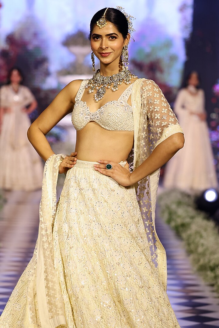 Pearl White Tulle Sequins & Crystal Embroidered Bridal Lehenga Set by Neeta Lulla at Pernia's Pop Up Shop