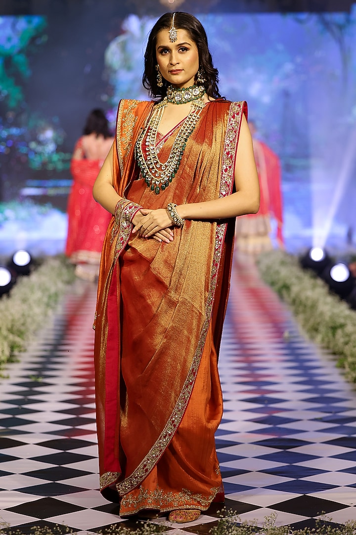 Burnt Orange Tissue & Silk Gota Wedding Saree Set by Neeta Lulla at Pernia's Pop Up Shop