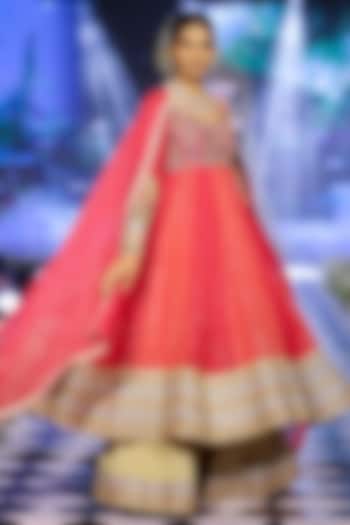 Crimson Red Georgette Resham Embroidered Bridal Anarkali Set by Neeta Lulla at Pernia's Pop Up Shop