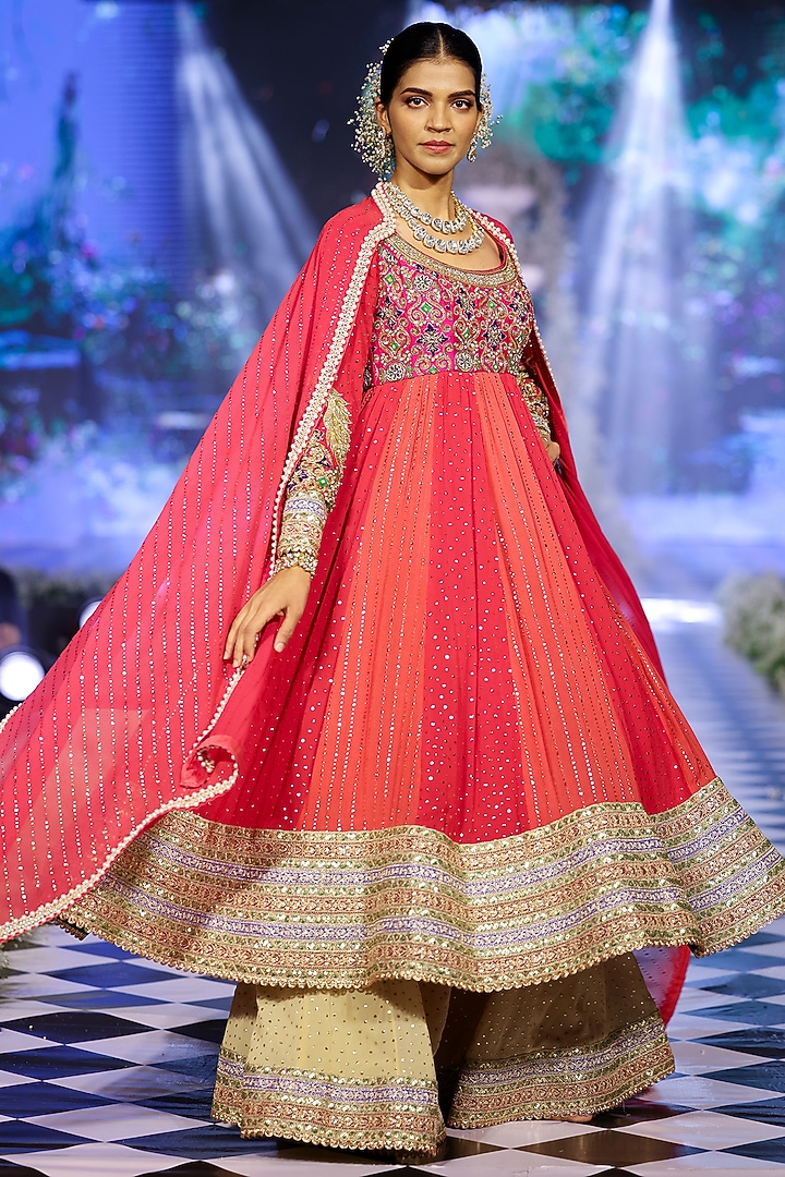 Crimson Red Georgette Resham Embroidered Bridal Anarkali Set by Neeta Lulla at Pernia's Pop Up Shop