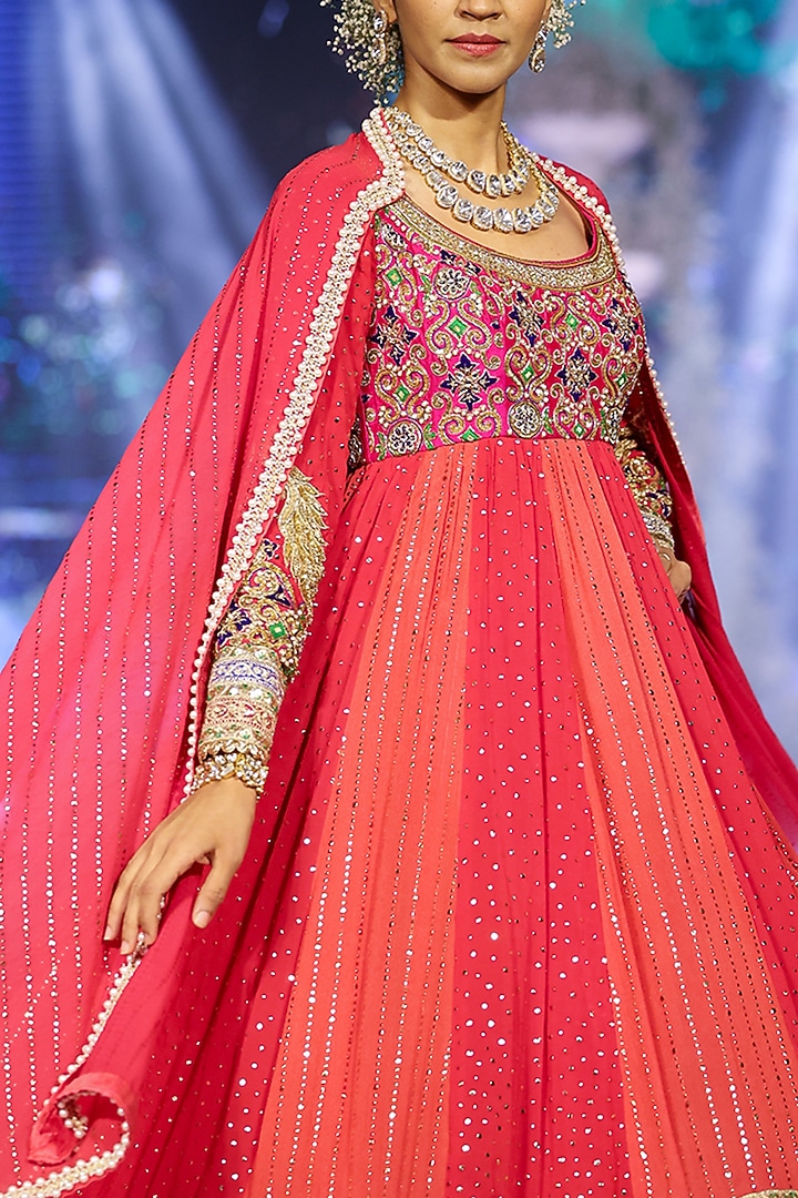 Crimson Red Georgette Resham Embroidered Bridal Anarkali Set by Neeta Lulla at Pernia's Pop Up Shop