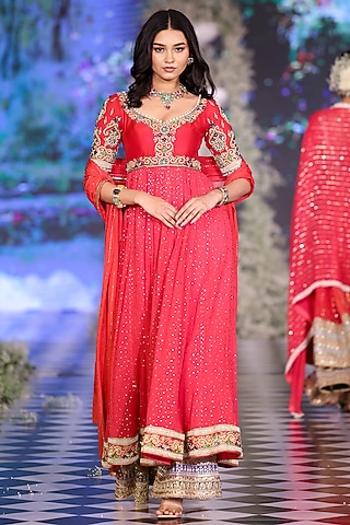Coral Red Chiffon Zari Embroidered Anarkali Set by Neeta Lulla