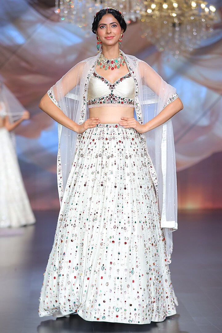 Ivory Tulle Sequins & Stone Embroidered Bridal Lehenga Set by Neeta Lulla at Pernia's Pop Up Shop