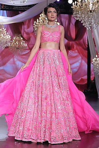 Pink Tulle Sequins & Crystal Embroidered Lehenga Set by Neeta Lulla