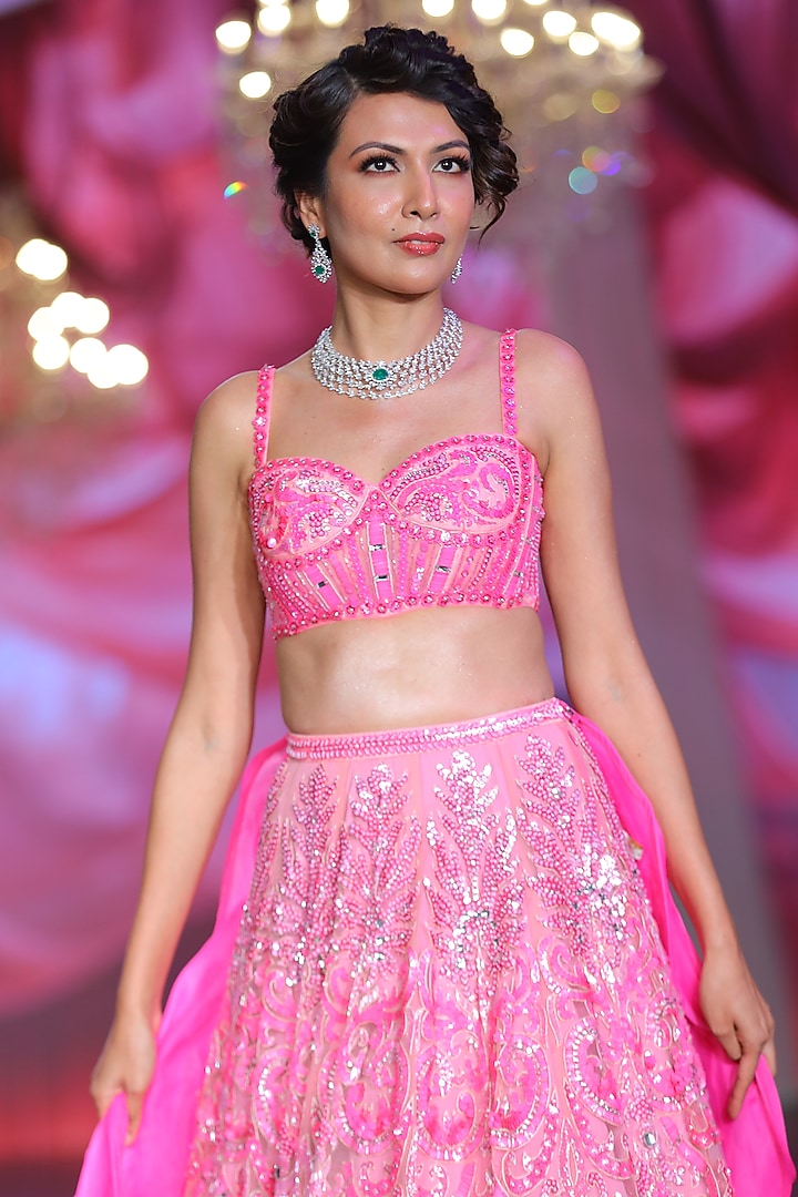Pink Tulle Sequins & Crystal Embroidered Bridal Lehenga Set by Neeta Lulla at Pernia's Pop Up Shop
