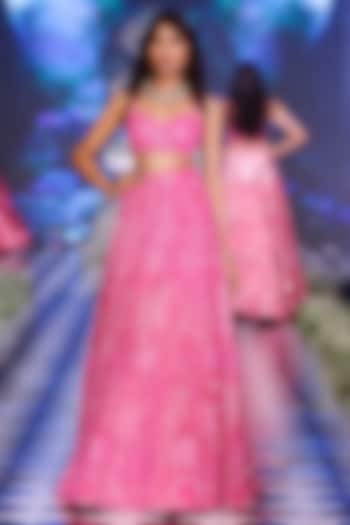 Hot Pink Tulle Sequins Floral Embroidered Bridal Lehenga Set by Neeta Lulla at Pernia's Pop Up Shop