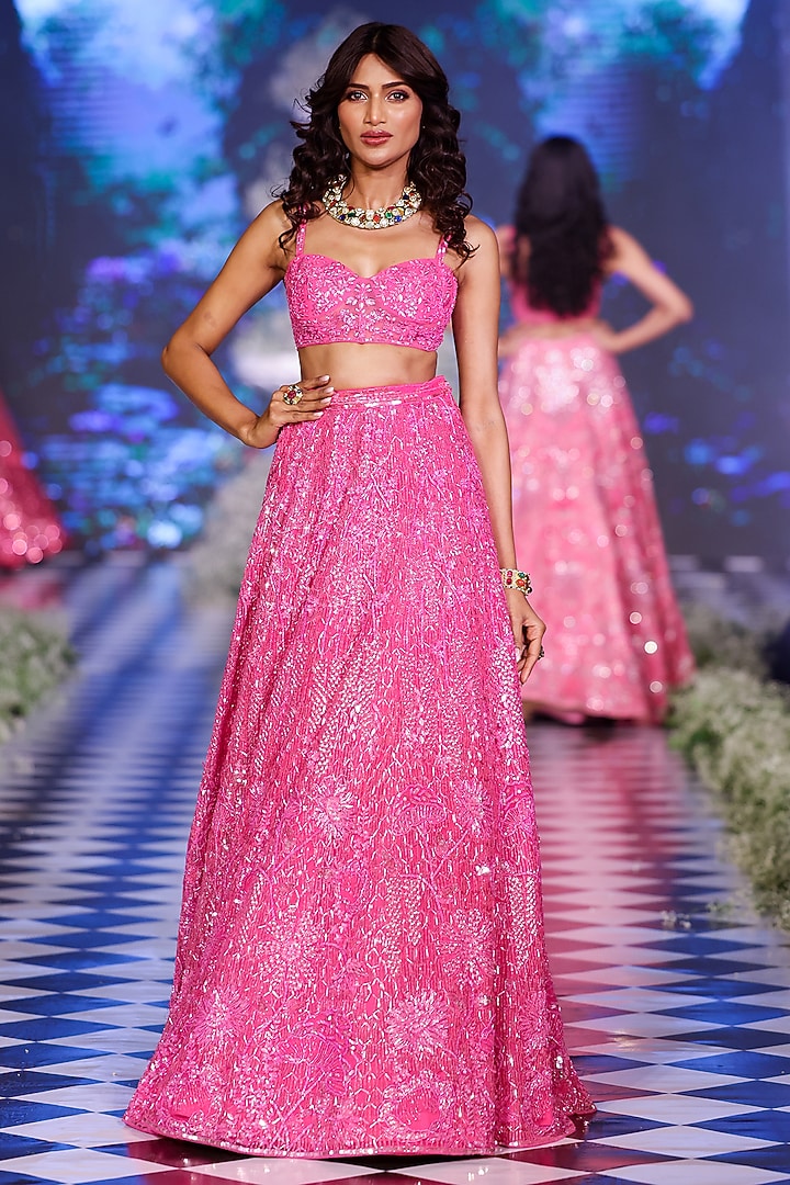 Hot Pink Tulle Sequins Floral Embroidered Bridal Lehenga Set by Neeta Lulla at Pernia's Pop Up Shop