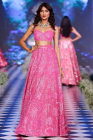 Hot Pink Tulle Sequins Floral Embroidered Lehenga Set by Neeta Lulla