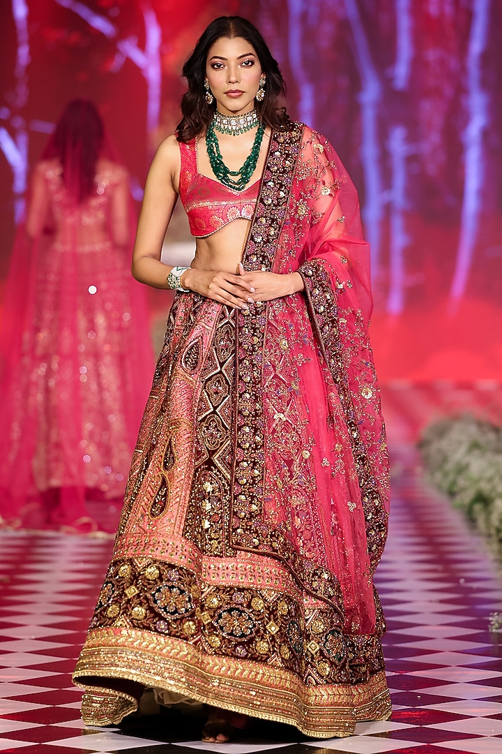 Pink Silk & Velvet Zari Floral Embroidered Bridal Lehenga Set by Neeta Lulla at Pernia's Pop Up Shop