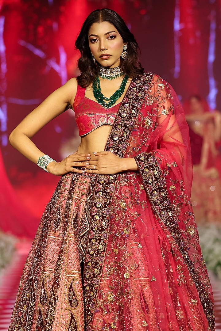 Pink Silk & Velvet Zari Floral Embroidered Bridal Lehenga Set by Neeta Lulla at Pernia's Pop Up Shop