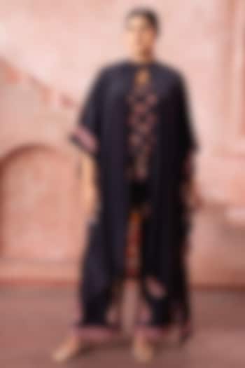 Midnight Black Satin Printed Cape Set by Neeta Lulla at Pernia's Pop Up Shop