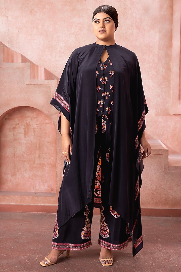 Midnight Black Satin Printed Cape Set by Neeta Lulla at Pernia's Pop Up Shop