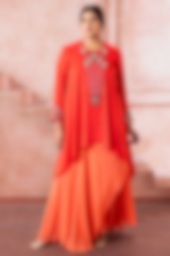 Vermillion Red Satin Bead Work Kurta Set by Neeta Lulla at Pernia's Pop Up Shop