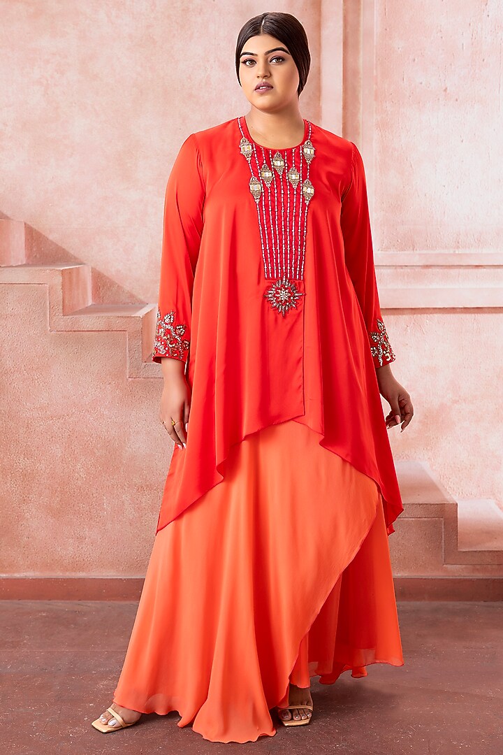Vermillion Red Satin Bead Work Kurta Set by Neeta Lulla at Pernia's Pop Up Shop