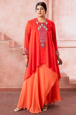 Vermillion Red Satin Bead Work Kurta Set by Neeta Lulla
