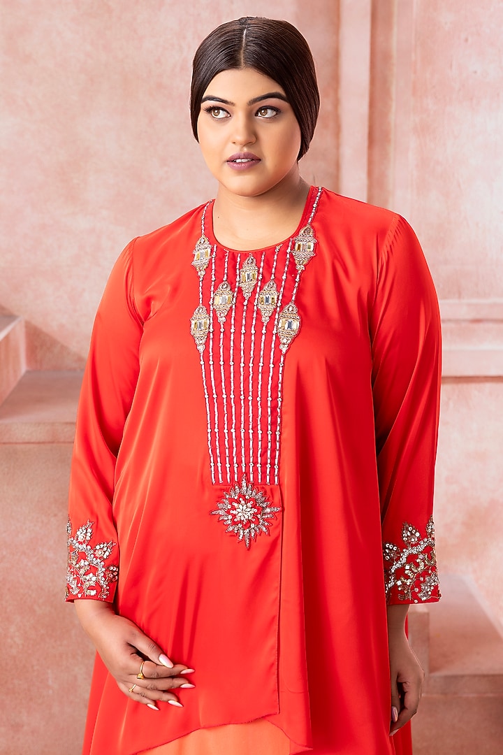 Vermillion Red Satin Bead Work Kurta Set by Neeta Lulla at Pernia's Pop Up Shop