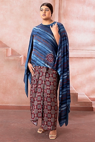 Deep Maroon Satin Printed Skirt Set by Neeta Lulla