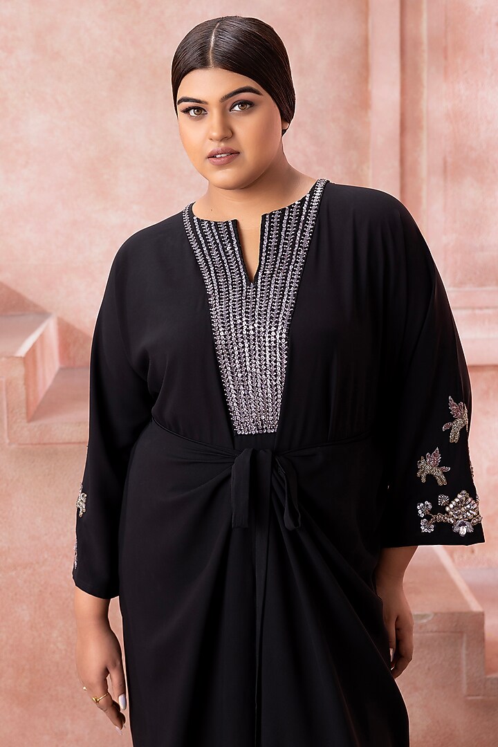 Black Satin Hand Embroidered Wrap Kaftan by Neeta Lulla at Pernia's Pop Up Shop