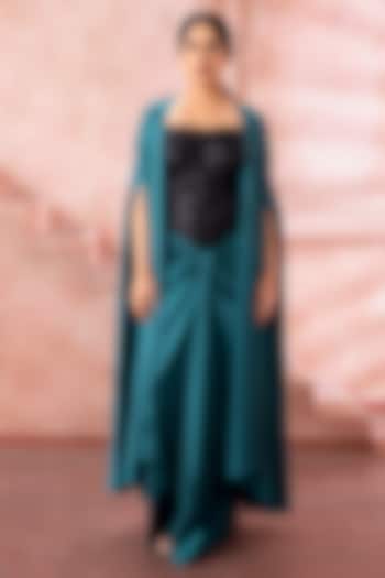 Teal Satin Bead Embroidered Engagement Gown With Cape by Neeta Lulla at Pernia's Pop Up Shop