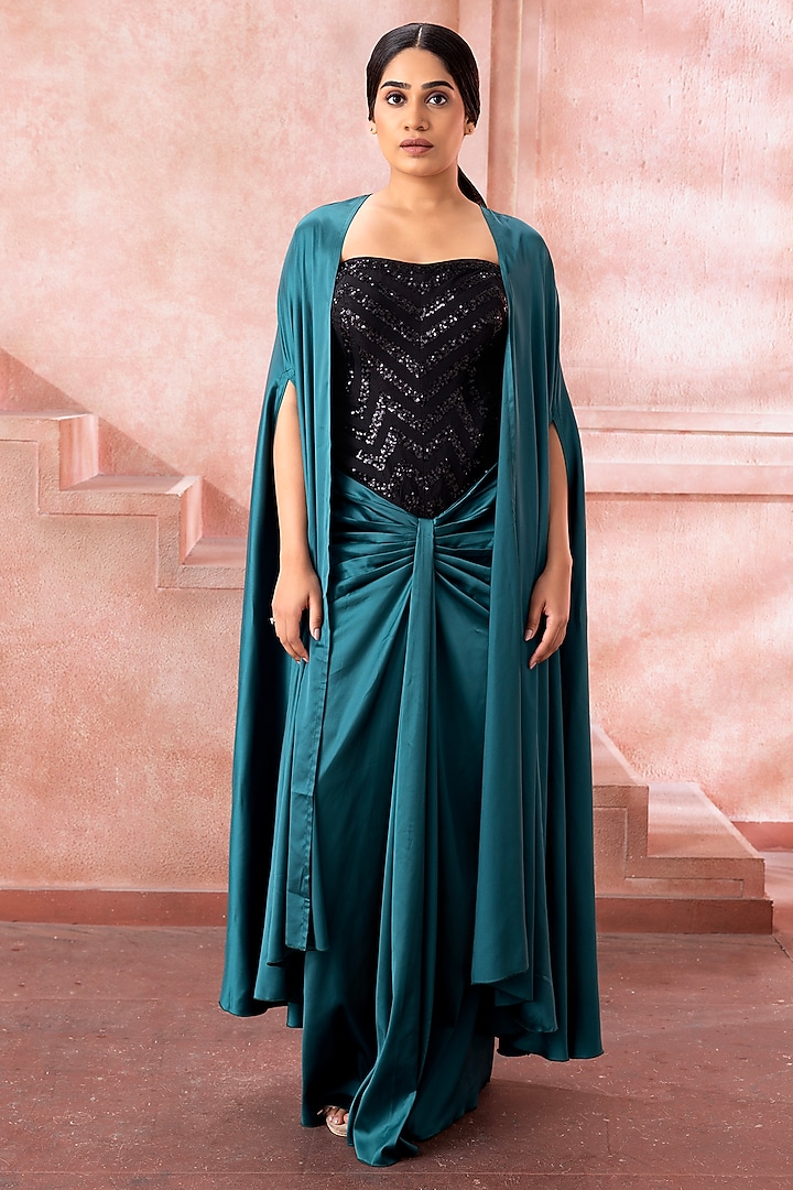 Teal Satin Bead Embroidered Engagement Gown With Cape by Neeta Lulla at Pernia's Pop Up Shop