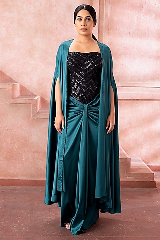 Teal Satin Bead Embroidered Gown With Cape by Neeta Lulla