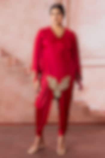 Red Satin Zardosi Embroidered Asymmetric Tunic Set by Neeta Lulla at Pernia's Pop Up Shop
