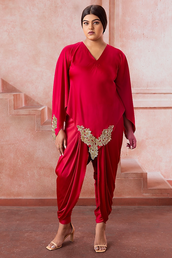 Red Satin Zardosi Embroidered Asymmetric Tunic Set by Neeta Lulla at Pernia's Pop Up Shop