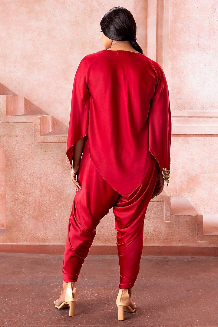 Red Satin Zardosi Embroidered Asymmetric Tunic Set by Neeta Lulla at Pernia's Pop Up Shop