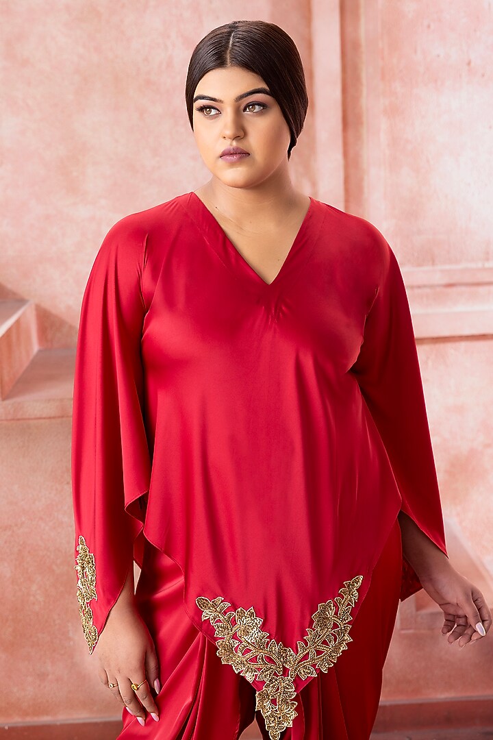 Red Satin Zardosi Embroidered Asymmetric Tunic Set by Neeta Lulla at Pernia's Pop Up Shop