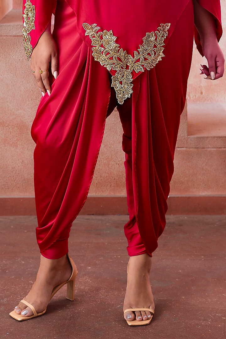 Red Satin Zardosi Embroidered Asymmetric Tunic Set by Neeta Lulla at Pernia's Pop Up Shop