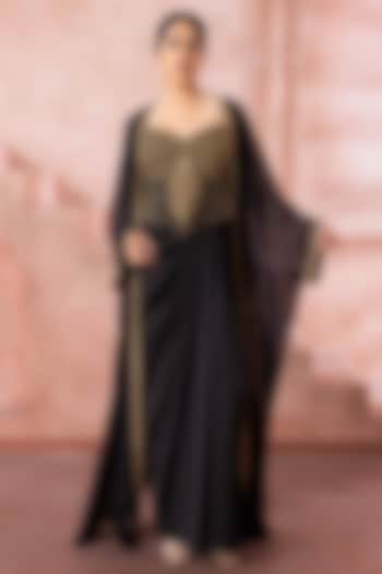 Black Satin Bead Embroidered Engagement Gown With Cape by Neeta Lulla at Pernia's Pop Up Shop