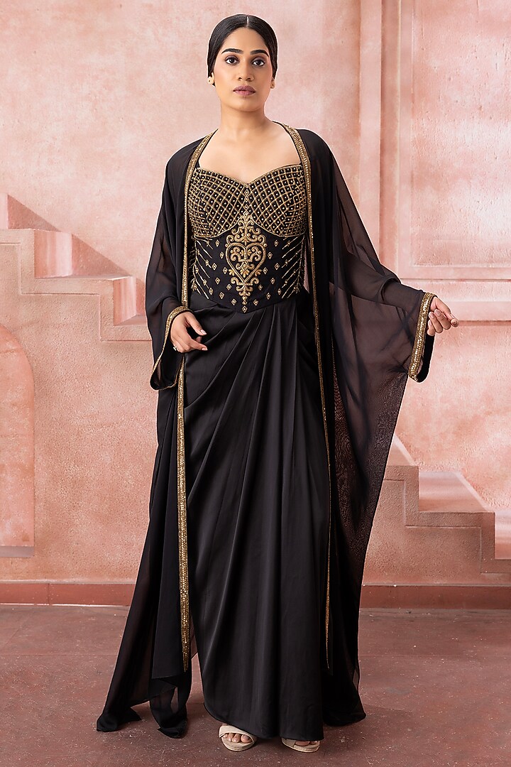 Black Satin Bead Embroidered Engagement Gown With Cape by Neeta Lulla at Pernia's Pop Up Shop