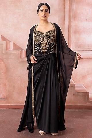 Black Satin Bead Embroidered Gown With Cape by Neeta Lulla
