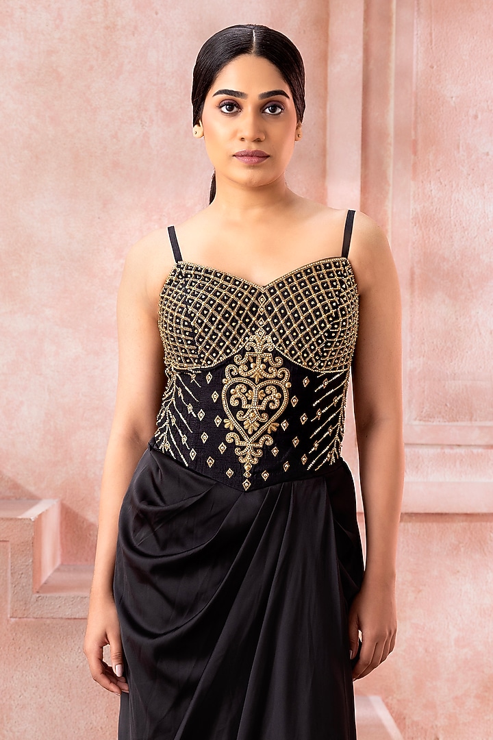 Black Satin Bead Embroidered Engagement Gown With Cape by Neeta Lulla at Pernia's Pop Up Shop
