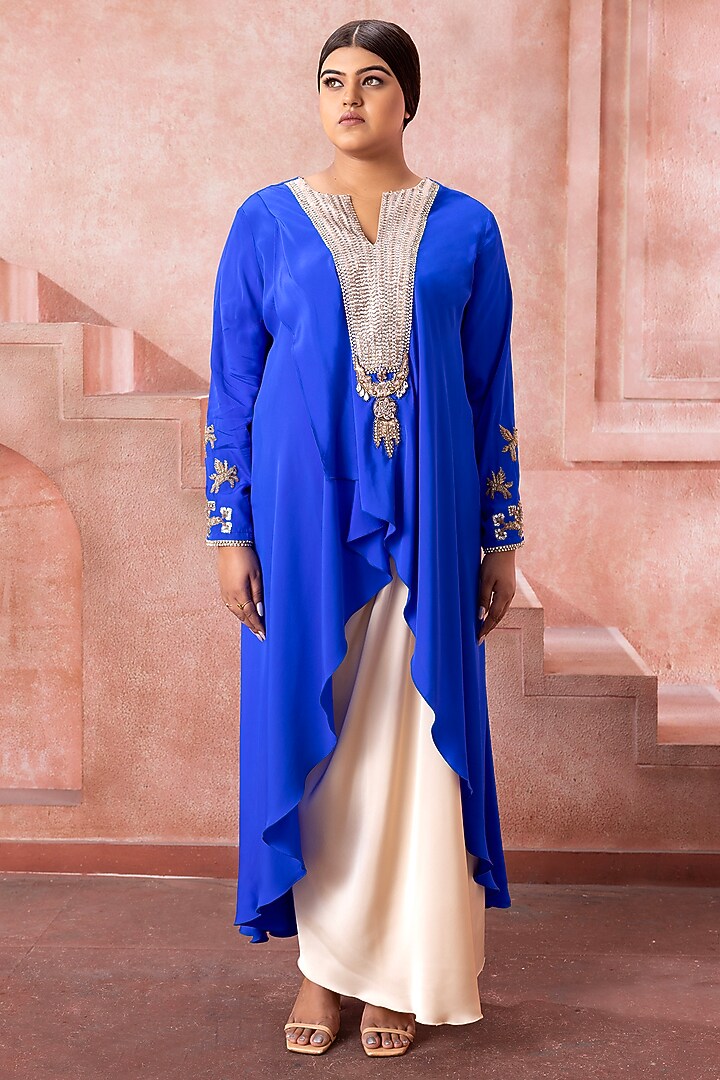 Cobalt Blue Satin Pearl Embroidered Asymmetric Tunic Set by Neeta Lulla at Pernia's Pop Up Shop