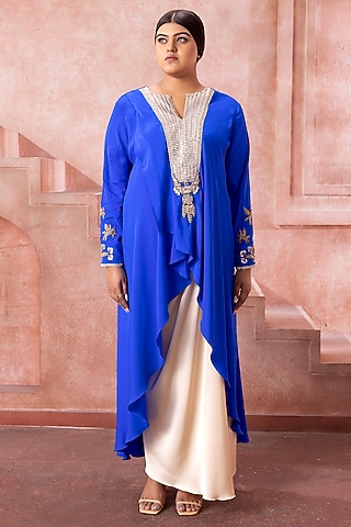 Cobalt Blue Satin Pearl Embroidered Asymmetric Tunic Set by Neeta Lulla