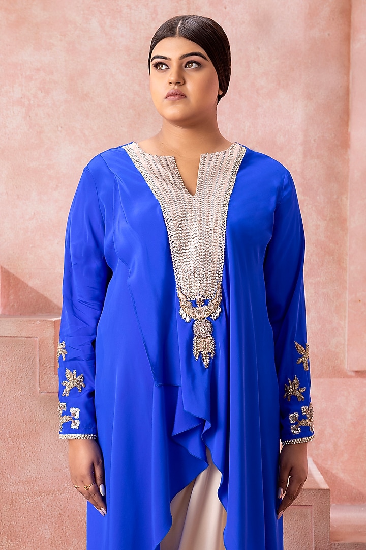 Cobalt Blue Satin Pearl Embroidered Asymmetric Tunic Set by Neeta Lulla at Pernia's Pop Up Shop