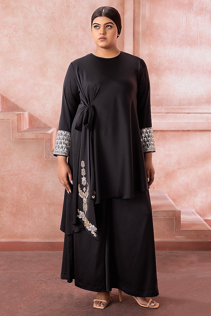 Black Satin Hand Embroidered Co-Ord Set by Neeta Lulla at Pernia's Pop Up Shop