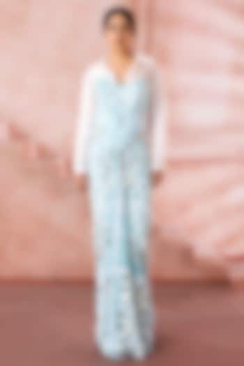 Aqua Blue Crepe Printed Corset Engagement Gown by Neeta Lulla at Pernia's Pop Up Shop