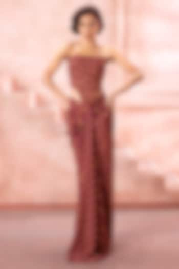 Deep Maroon Crepe Printed Draped Wedding Gown Saree by Neeta Lulla at Pernia's Pop Up Shop