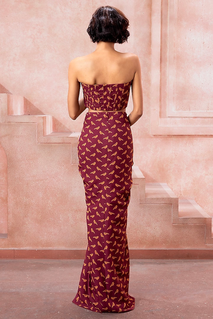 Deep Maroon Crepe Printed Draped Wedding Gown Saree by Neeta Lulla at Pernia's Pop Up Shop