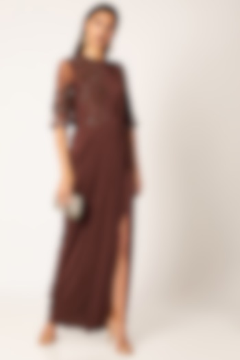 Brown Embroidered & Draped Saree Gown by Neeta Lulla