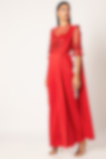 Red Embroidered & Draped Saree Gown by Neeta Lulla
