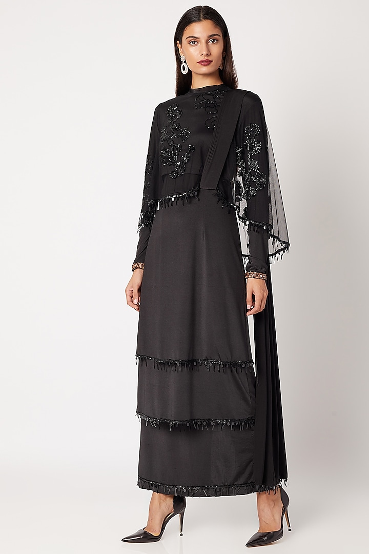 Black Embroidered Tiered Saree Gown With Cape by Neeta Lulla